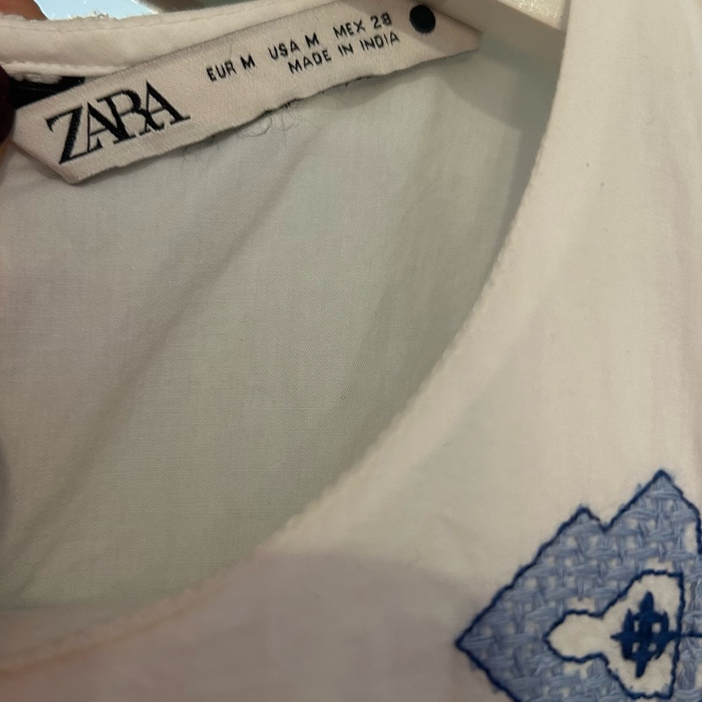 Zara White Midi Dress with Blue Embroidered Trim - Picture 6 of 9
